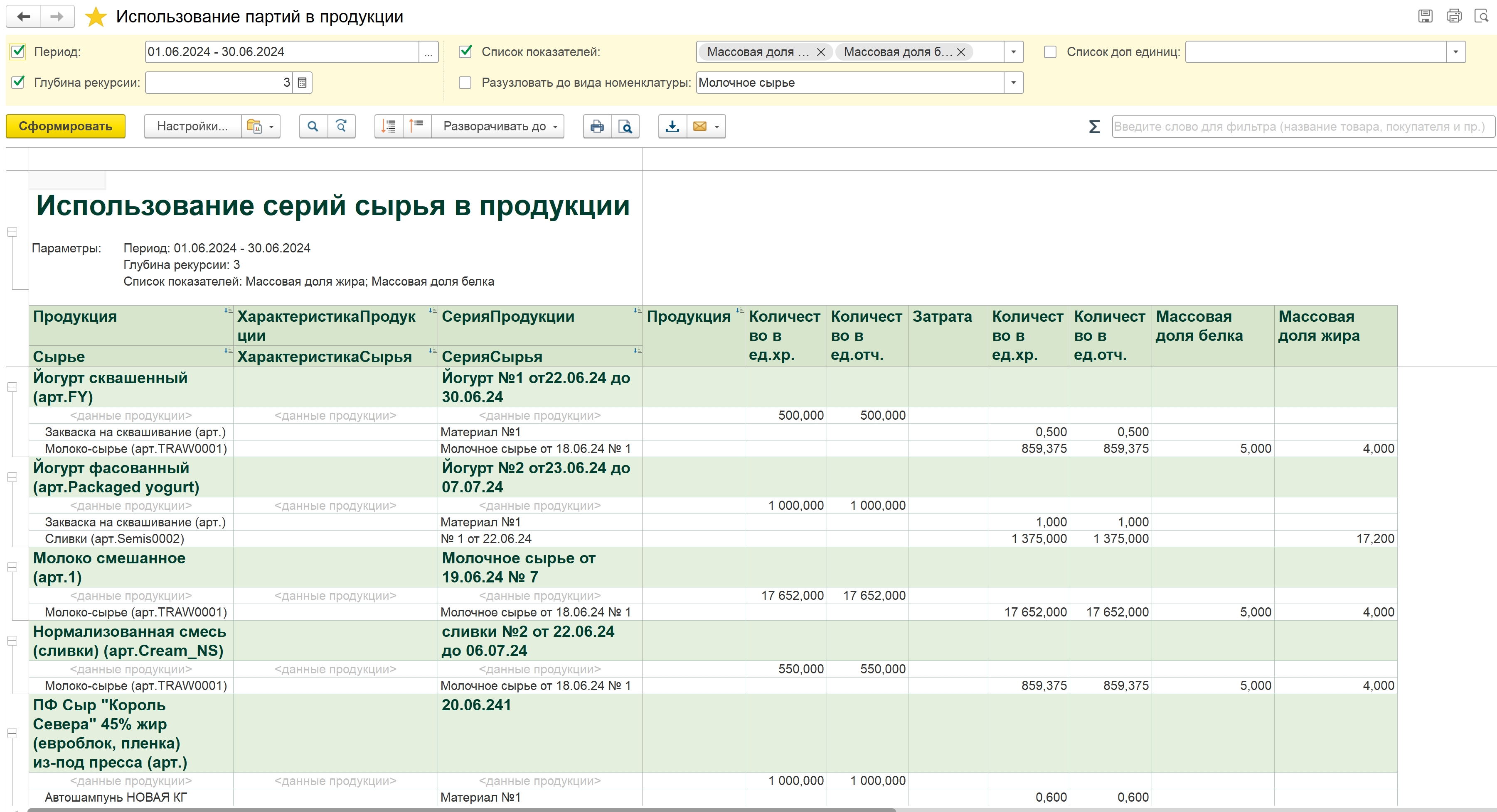 Отчет «Использование серий сырья в продукции»